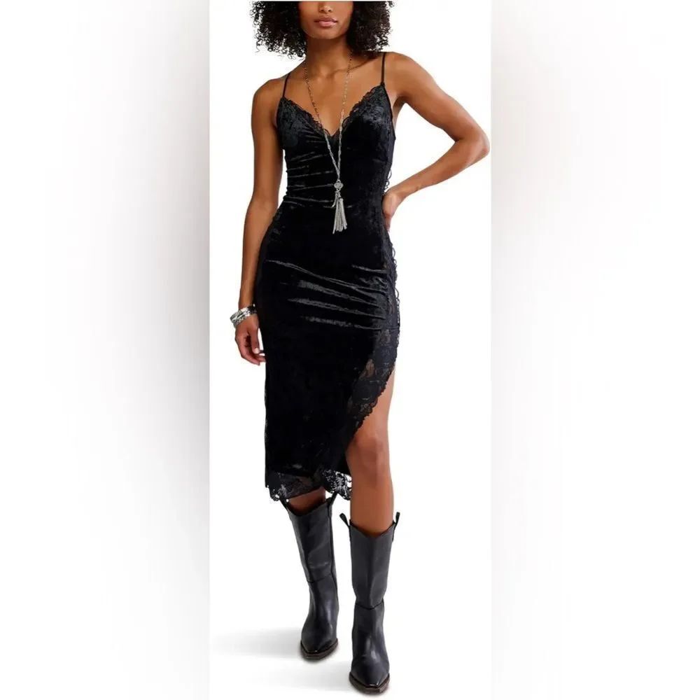 Free People Raise A Toast Midi Slip Dress Black Asymmetrical Velvet Size XLarge